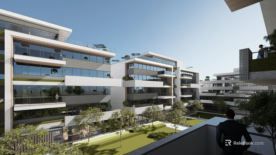 Modern Apartment Building Exterior Design With Green Courtyard And Glass Balconies 3d model 