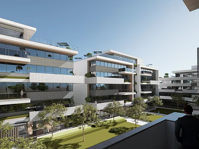 Modern Apartment Building Exterior Design With Green Courtyard And Glass Balconies 3d model