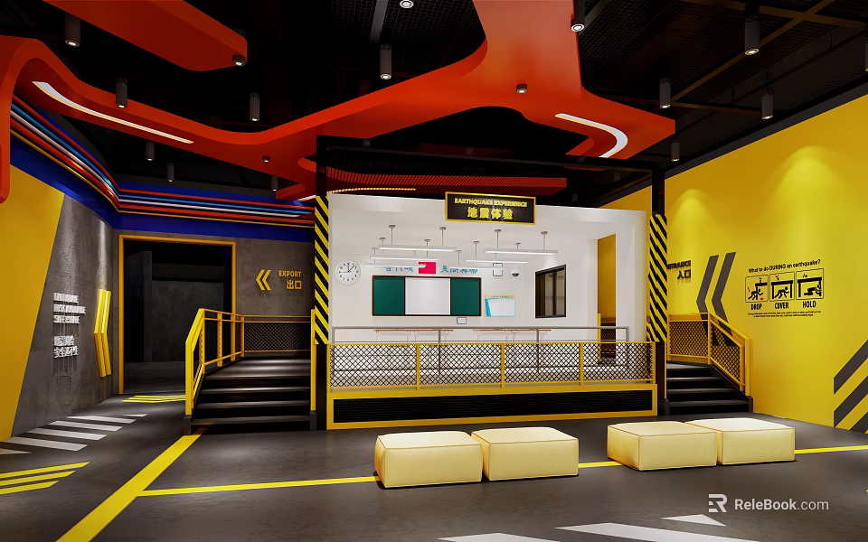 Modern Fitness Gym Interior With Yellow Black Design Steps And Rest Areas 3d model 