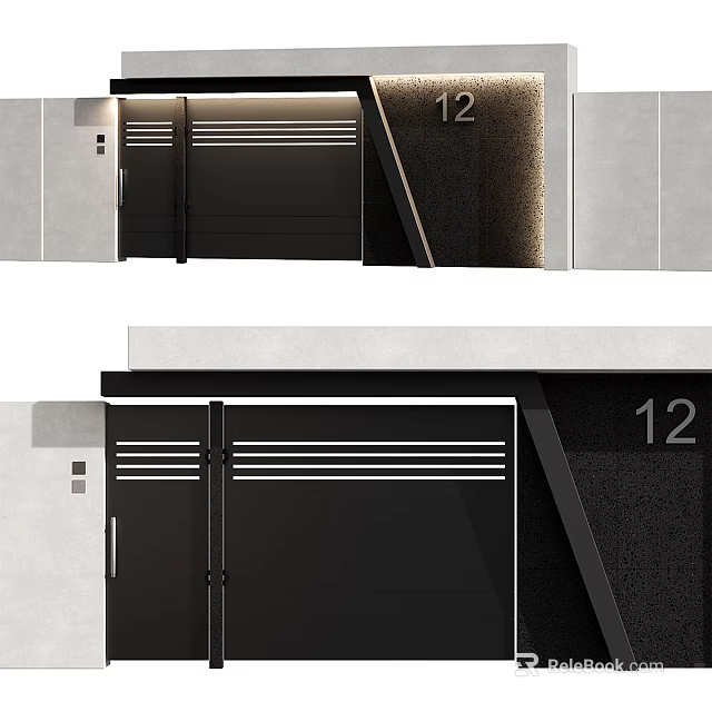 Stylish Black Entrance Door Featuring Parallel Lines And Number 12 For Building Entrance 3d model 