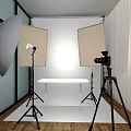 Public Office Space Featuring Green Screen Backdrop Black Studio Lights White Table and Camera Tripod 3d model