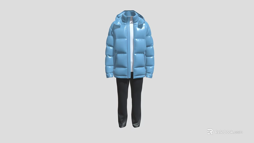 Light Blue Hooded Puffer Jacket Paired With Black Pants For Casual Winter Outfit 3d model 