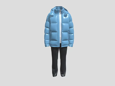 Light Blue Hooded Puffer Jacket Paired With Black Pants For Casual Winter Outfit 3d model