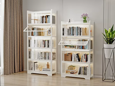 Modern White Bookcase with Open Shelves Books and Decorations in Bright Home Interior 3d model