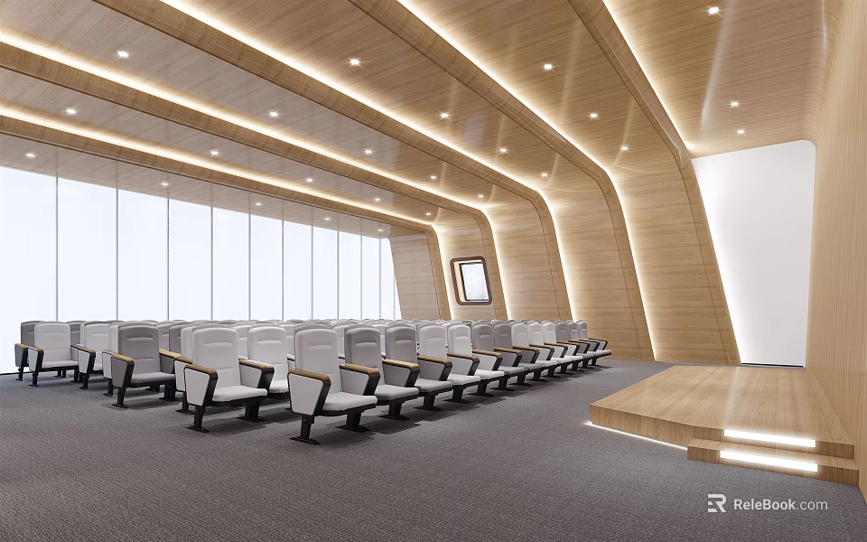 Modern Conference Room Interior With Wooden Walls Ceiling Large Windows Seats And Stage 3d model 