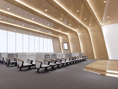 Modern Conference Room Interior With Wooden Walls Ceiling Large Windows Seats And Stage 3d model