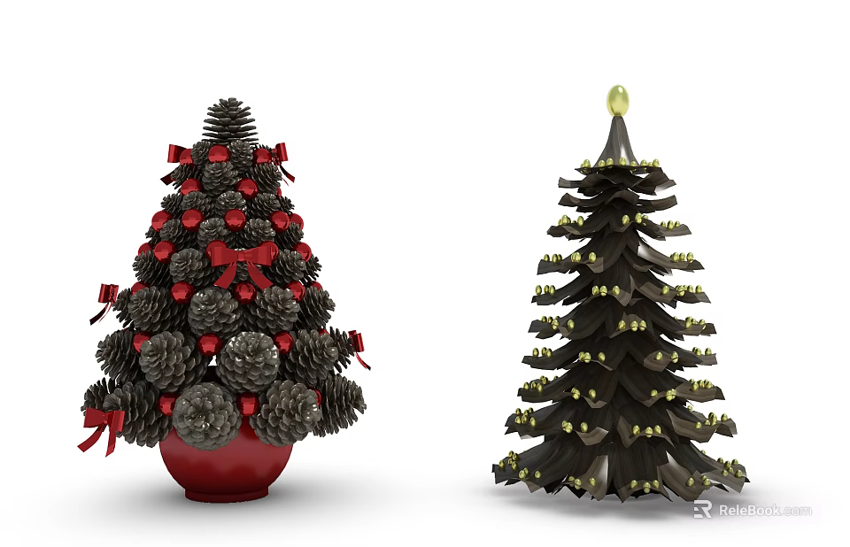 Decorative Trees With Pinecones Red Bows Red Pot Gold Ornaments Top Ball And Black Branches 3d model 