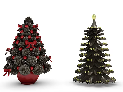 Decorative Trees With Pinecones Red Bows Red Pot Gold Ornaments Top Ball And Black Branches 3d model