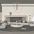 Modern Living Room Interior With Comfortable Sofa Fireplace Pendant Lights And Area Rug