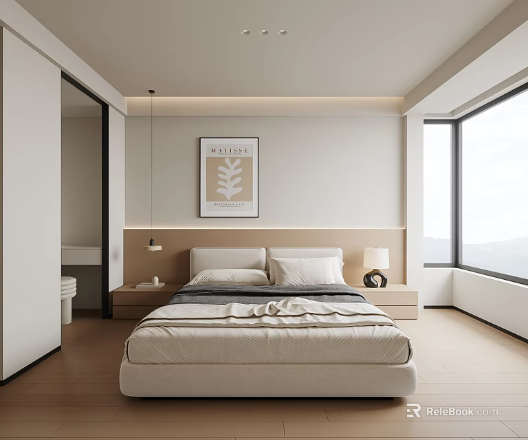 Modern Minimalist Bedroom Interior Design With Beige Bed Nightstand And Wall Art 3d model 
