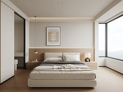 Modern Minimalist Bedroom Interior Design With Beige Bed Nightstand And Wall Art 3d model