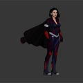 Female Character Standing In Dark Tight Suit With Red Accents And Black Cape