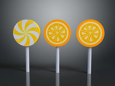 Colorful Lollipops With Spiral And Orange Slice Patterns On Gray Background 3d model