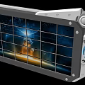 Metal Framed Mechanical Grid Screen Displaying Space Nebula Stars Orange Glow And Reflective Base