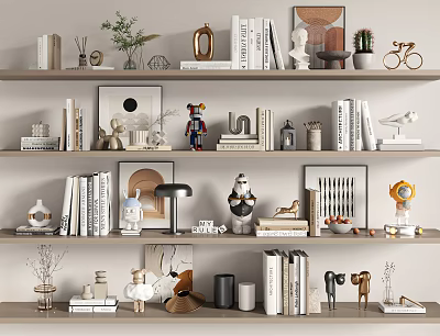 Decorative Ornament Combination With Books Photo Frames Sculptures And Plants On Shelves 3d model