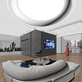 Modern Minimalist Office Reception Area With Large Display Screen And Cozy Lounge Space
