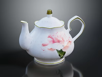 Elegant White Ceramic Teapot with Crackle Glaze Pink Peony Design and Golden Trim 3d model