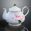 Elegant White Ceramic Teapot with Crackle Glaze Pink Peony Design and Golden Trim