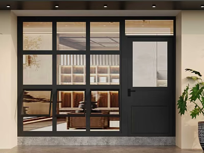 Modern Entrance Featuring Black Door With Glass Panels And Interior Bookshelves Sofa Plant 3d model