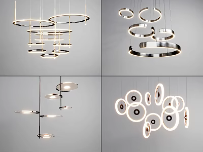 Various Contemporary Chandelier Designs With Circular Metal Rings And LED Lights 3d model