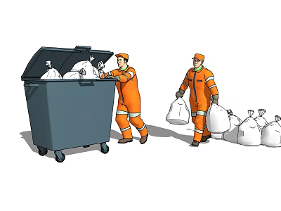 Public Trash Bin Facility With Workers Loading Garbage And Carrying Waste Bags 3d model