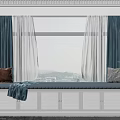 Cozy Bay Window Seat with Storage Cabinets Pillows Blanket Curtains and City View