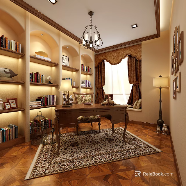 Cozy Classic Home Study With Built In Bookshelves And Solid Wooden Writing Desk 3d model 
