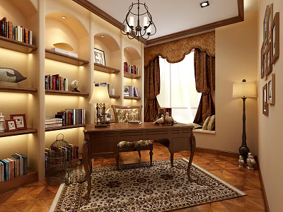 Cozy Classic Home Study With Built In Bookshelves And Solid Wooden Writing Desk 3d model
