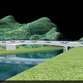 Modern Bridge With Black Railings Street Lamps And Road Beneath Mountain Cloud Background