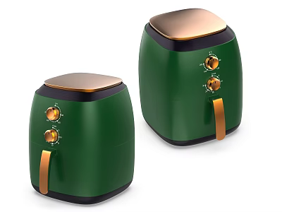 Two Green Air Fryers With Golden Lids Orange Handles And Control Knobs For Modern Kitchens 3d model