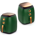 Two Green Air Fryers With Golden Lids Orange Handles And Control Knobs For Modern Kitchens