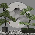 Serene Pine Bonsai Trees Display With Round Ink Painting Backdrop Flying Birds And Pebble Ground