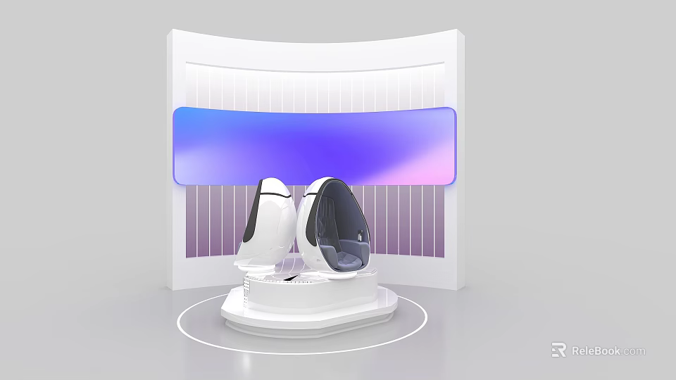 White Exhibition Island Featuring Egg Shaped Seats and Purple Blue Gradient Curved Screen 3d model 