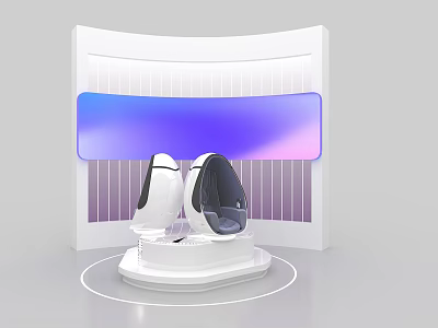 White Exhibition Island Featuring Egg Shaped Seats and Purple Blue Gradient Curved Screen 3d model