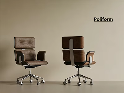 Poliform Modern Office Chair With Brown Leather Upholstery Armrests And Silver Wheels 3d model