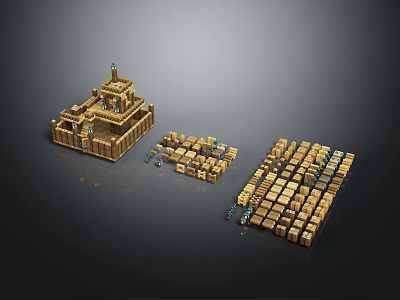 Detailed Wooden Building Block Set With Finished Castle Model And Scattered Blocks 3d model