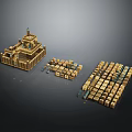 Detailed Wooden Building Block Set With Finished Castle Model And Scattered Blocks