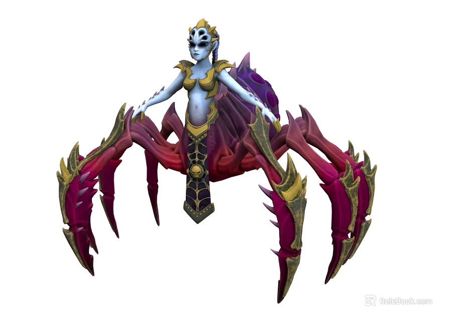 Fantasy Spider Hybrid Creature Humanoid Upper Body With Purple Red Legs Golden Ornate Details 3d model 