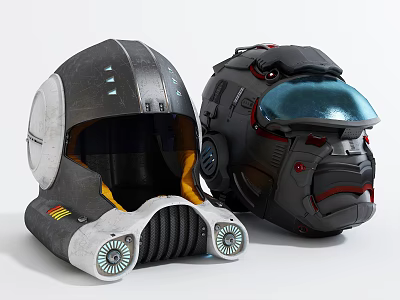 Two Different Design Futuristic Helmets with Metallic Accents Visor and Vent Details 3d model