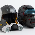 Two Different Design Futuristic Helmets with Metallic Accents Visor and Vent Details