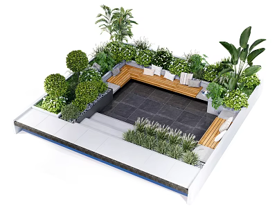 Courtyard Garden Design With Stone Tiled Floor Bench And Green Plants 3d model