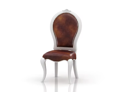 Dining Chair White Frame And Brown Leather Upholstery With Decorative Top Backrest And Curved Legs 3d model