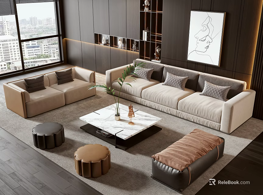 Modern Living Room Sofa And Coffee Table Set With Beige Cushions Marble Top And Ottoman 3d model 