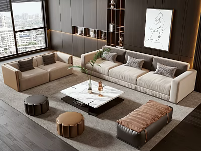 Modern Living Room Sofa And Coffee Table Set With Beige Cushions Marble Top And Ottoman 3d model