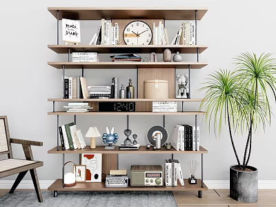 Stylish Multi tiered Wooden Bookshelf With Books Decorative Clock Vases Ornaments And Potted Plant 3d model