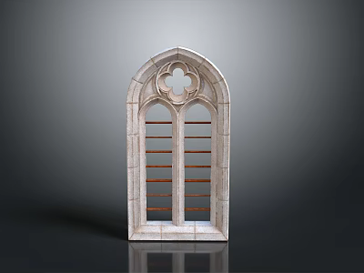 Scenic View Through Arched Stone Window With Vertical Muntins And Quatrefoil Decoration 3d model