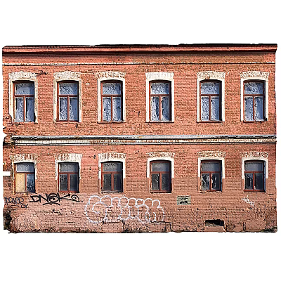 Old Red Brick Building with Multiple Windows and Graffiti on Two Story Exterior 3d model