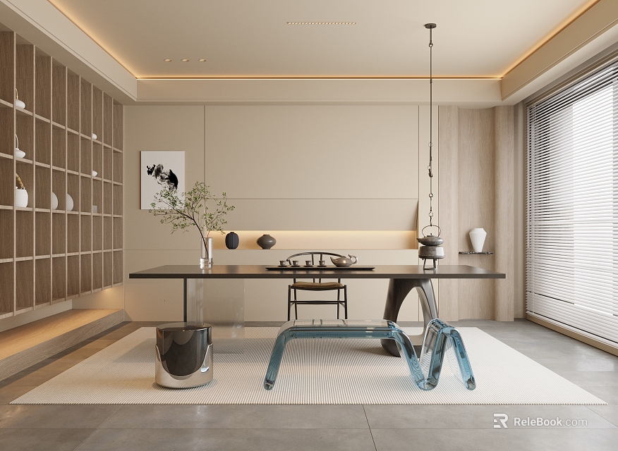 Modern Tea Room Interior With Long Table Display Shelves Decorations Green Plant And Pendant Lights 3d model 