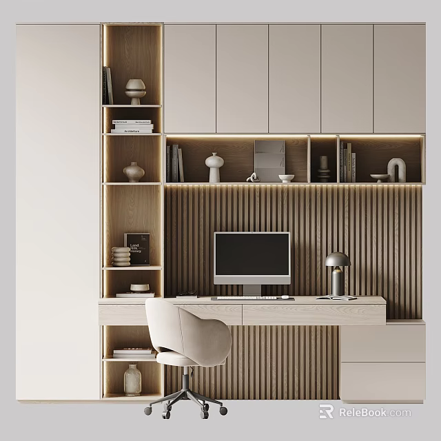 Modern Home Office Desk And Chair Set With Bookshelf Computer And Lamp 3d model 