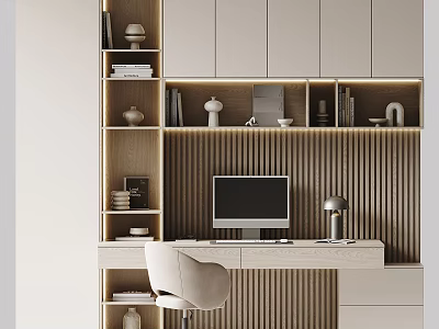 Modern Home Office Desk And Chair Set With Bookshelf Computer And Lamp 3d model